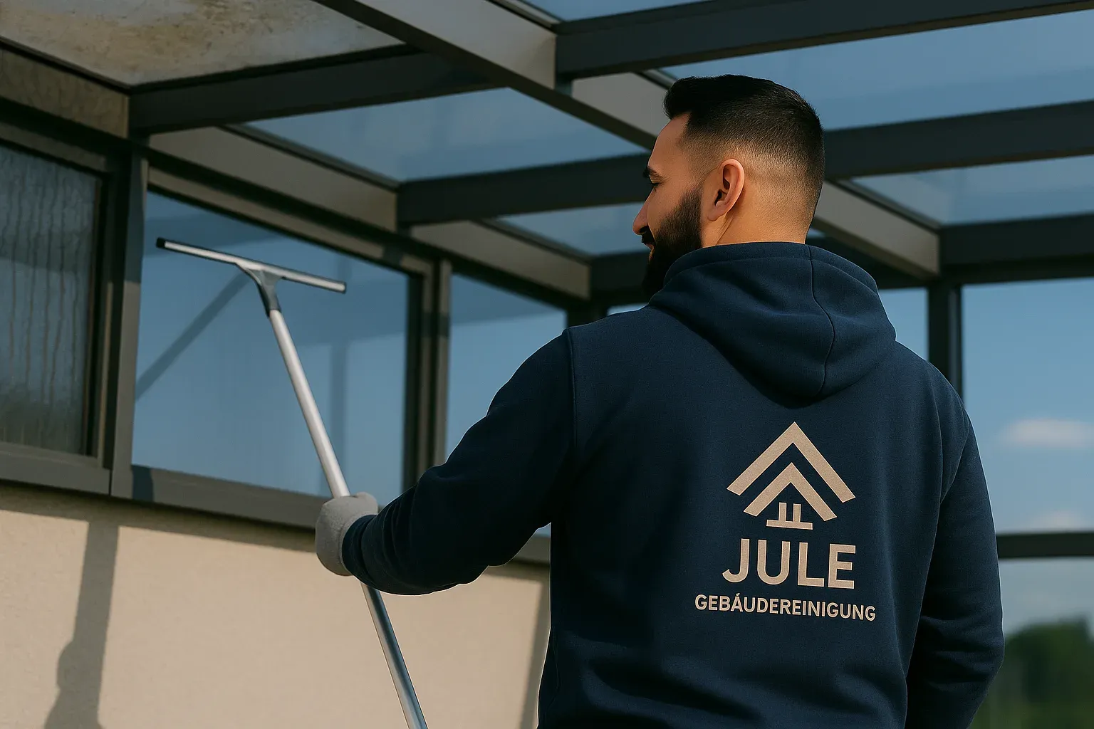 Mitarbeiter von Gebäudedienstleistungen JULE bei der Glasreinigung einer Terrassenüberdachung